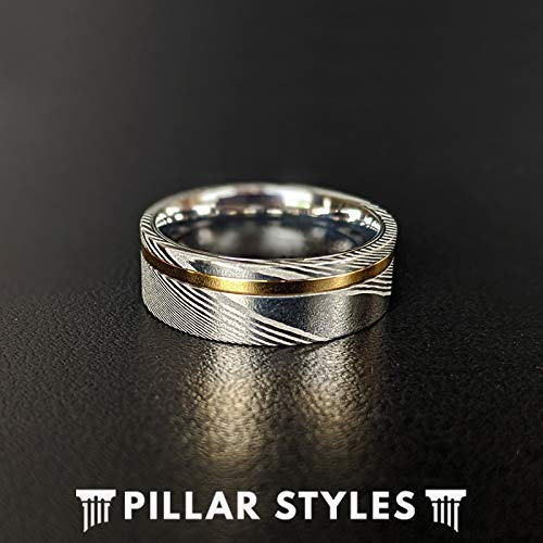 Pillar Styles 14K Gold Damascus Rings for Men 8mm Unique Silver Damascus Steel Wedding Band Mens Gold Ring with Offset Inlay Comfort Fit Engagement Bands