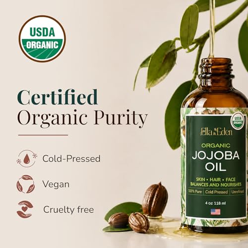 Organic Jojoba Oil, 100% Pure Cold-Pressed for Face, Skin & Hair, 4 Oz