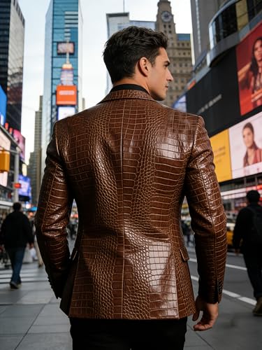 Men's Faux Leather Blazer Crocodile Embossed Jacket Genuine Alligator Crocodile Print Leather Sports Coat Black