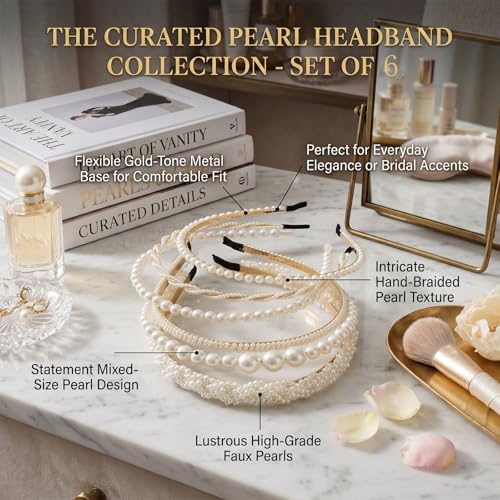 Miskate 6 Pcs Pearl Headband for Women Girls White Hair Accessories, Fashion Bridal Hair Bands for Wedding Party