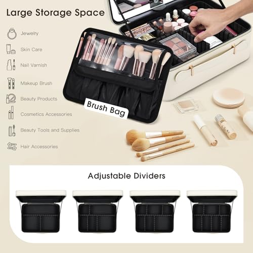 Faquenc Leather Makeup Case with LED Lighted Mirror 11.4 Inch Travel Makeup Bag Adjustable Brightness in 3 Colors Cosmetic Organizer Artist Storage Bag with Dividers Brush Holder Bag Vanity White