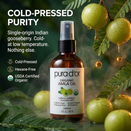 PURA D'OR 4 Oz ORGANIC Amla Oil, 100% Pure USDA Certified Premium Grade, Cold Pressed, Unrefined, Extra Virgin, Hair Serum & Thickening Hair Product w/Pump for Women & Men, Ayurvedic Skin Care