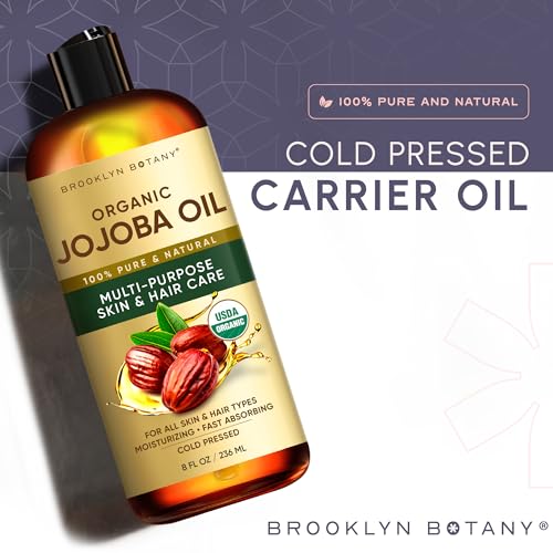 Brooklyn Botany Cold-Pressed Organic Jojoba Oil | for Skin, Hair and Face | 8 Fl Oz | 100% Pure and Natural | Carrier Oil for Essential Oils, Aromatherapy and Massage | Hexane Free