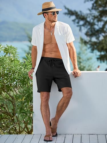 JMIERR Mens Casual Shorts Drawstring Summer Beach Stretch Waist Texture Jacquard Work Black Sweat Shorts with Pockets, L