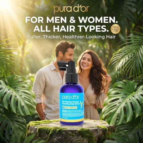 PURA D'OR Hair Thinning Therapy Energizing Scalp Serum 4oz w/Copper Tripeptide, Biotin, Caffeine, Plant Stem Cell, Catalase & DHT Balance, Rosemary Green Tea Leaf Extract, All Hair Types, Men Women