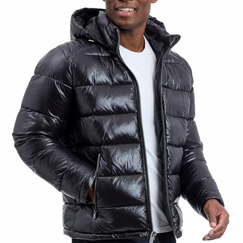 Michael Kors Mens Shine Hooded Puffer Jacket, Heavy Winter Jackets for Men, Water Resistant, Black, X-Large