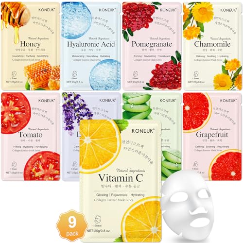 9 Pack Collagen Face Masks Skincare for Women, Hydrating Sheet Face Masks