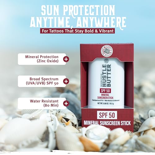Hustle Butter Tattoo Aftercare Sunscreen Stick - Tattoo Sunscreen Stick, Fade Protection SPF 50, Hydrating with Shea Butter & Coconut Oil, TSA-Friendly, Water Resistant, Non-Greasy, 0.68 oz