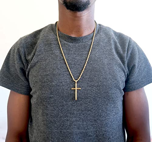 ADORATO JEWELRY 14K Gold Rope Chain Style Cross Pendant Necklace 3MM Cross Necklace Clasp for MEN, HUSBAND Thin for Charms Miami Cuban Link Diamond Cut Religious Beveled Edge (20)