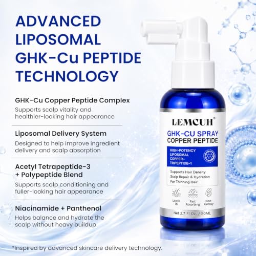 GHK-CU Peptide Hair Serum - Liposomal Copper Peptides for Hair Growth, Multi Peptide Serum for Thinning Hair, Non-Greasy Leave-In Scalp Spray Supports Fuller Hair & Scalp Barrier for Women & Men 80ml
