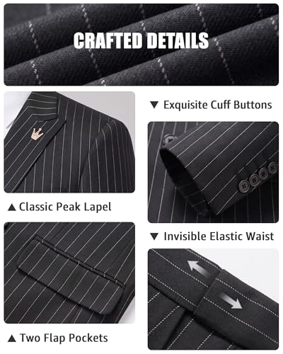 YND Men's 2 Piece Double-Breasted Suit, Slim Fit Stripe Tuxedo Set with Tie, Party Wedding Dress Blazer, Tux and Trousers,