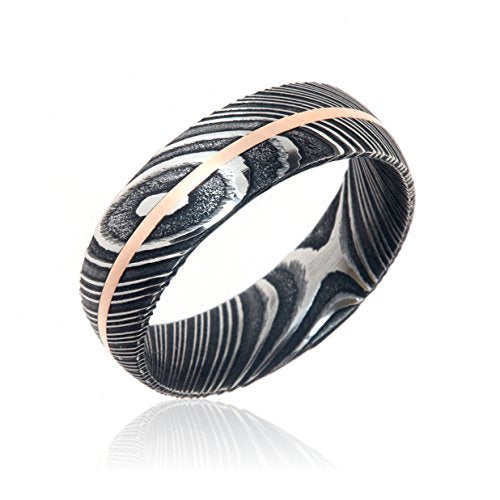 Damascus Steel Wedding Bands USA Made 14k Rose Gold Rings Damascus Rings