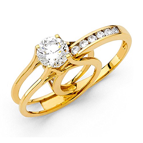 14k Yellow Gold Solid Engagement Ring & Wedding Band Set - Size 6