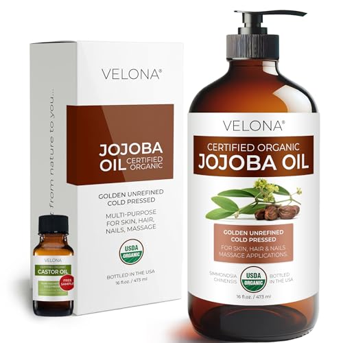 velona USDA Organic Jojoba Oil - 16 fl oz Glass Bottle, Cold Pressed, Pump