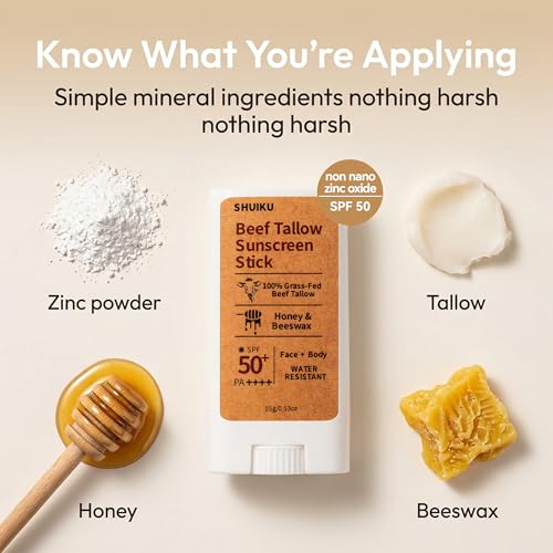 Beef Tallow Sunscreen Organic Stick SPF 50 – Non Nano Zinc Oxide Tallow-Based Mineral Sunscreen with Honey & Beeswax for Face & Body, Water-Resistant Natural Sunblock, 0.53 oz