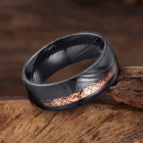 NUNCAD Black Damascus Ring Men 8mm Rose Gold Celtic Dragon Inlay Engagement Wedding Band Domed Comfort Fit Size 10