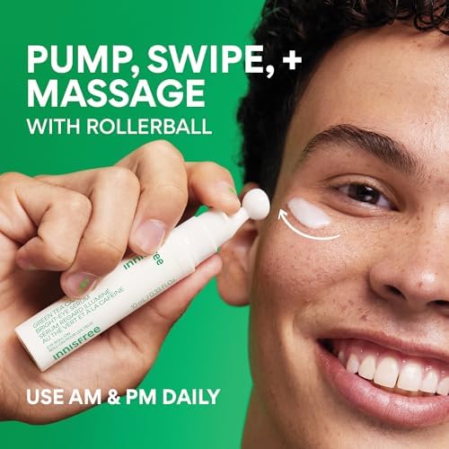 innisfree Green Tea Caffeine Depuffing Eye Serum Roll-On with Niacinamide & Hyaluronic Acid, Cooling Korean Under Eye Roller for Puffiness, Dark Circles, Brightening & Hydration