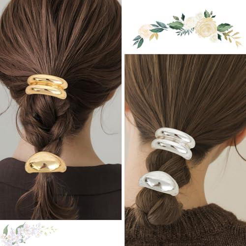 Metal Ponytails Hair Cuffs Gold & Silver Ties, Geometric Elastic Fashion Glossy Arch Accessories for Women 4PCS