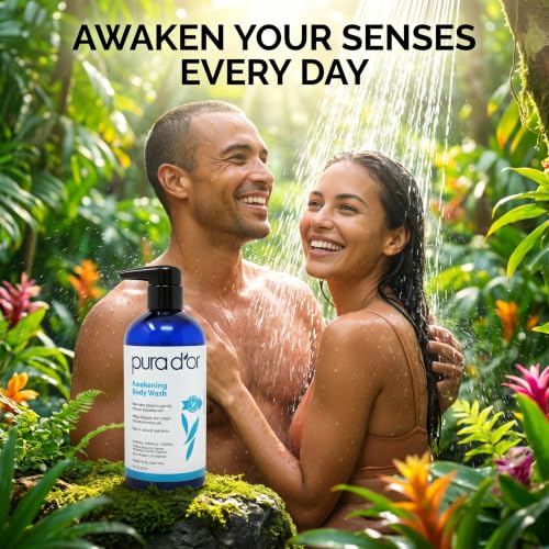 PURA D'OR 16 Oz Awakening Body Wash with Aloe Vera, Chamomile, Lavender, Tea Tree and Natural Nutrients - pH Balanced for Moisturized Soft, Fresh-Feeling Skin, All Skin Types, Men & Women