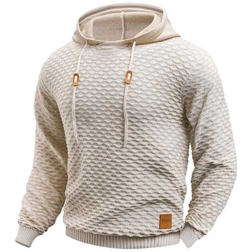 KKXILI Mens Hooded Sweatshirt Casual Long Sleeve Drawstring Solid Knitted Hoodie Pullover Sweater