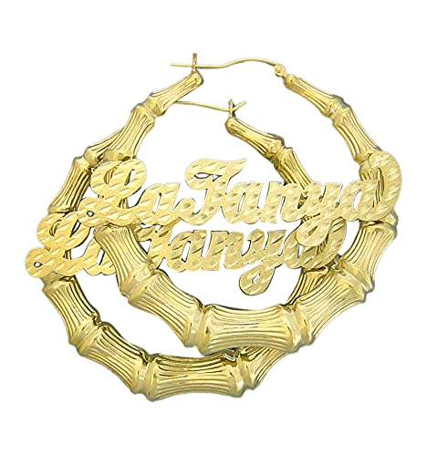 10k Gold Personalized Diamond Cut Name Hollow Bamboo Hoop Earrings 2.1 Inches