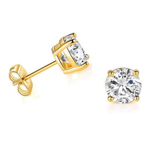 Solid 14k Yellow Gold Solitaire Round Cubic Zirconia CZ Stud Earrings with 14k Gold Butterfly Push Backings (7mm)