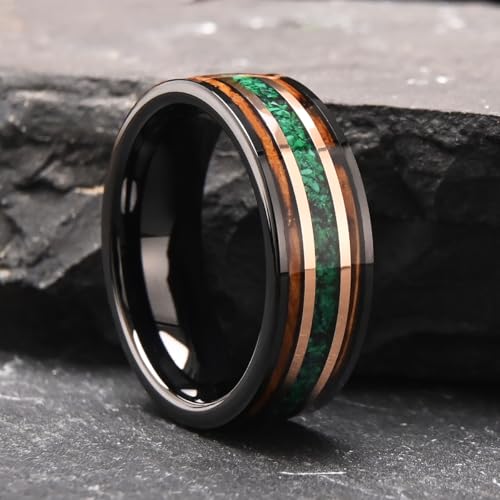 Concept Knight Tungsten Rings for Mens Wedding Band Inlaid Wood＆Green Opal