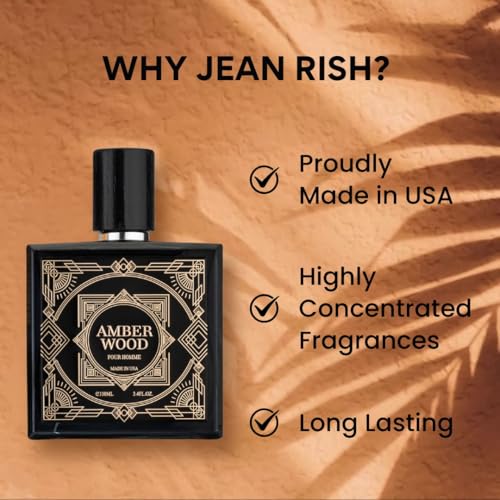 Jean Rish Amber Wood Perfume for Men Eau De Toilette, Long-Lasting Luxury Fragrance, Made In USA - Sandalwood, Amber, Vanilla Scent - 100ml / 3.4 oz