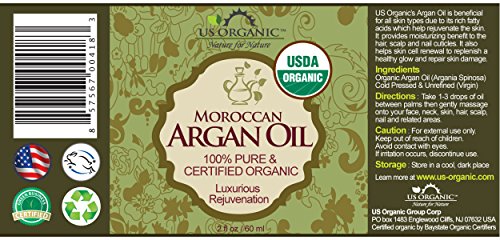 US Organic Moroccan Argan Oil, USDA Certified Organic,100% Pure & Natural, Cold Pressed Virgin, Unrefined, 2 Oz in Amber Glass Bottle, for Hair treatment, Skin, Nail, Cuticle, Sourced from Morocco.