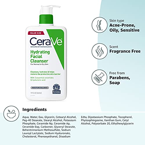 CeraVe Hydrating Cleanser with Hyaluronic Acid, Face Wash for Dry Skin,19oz