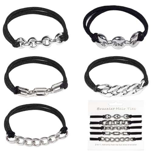 loqpol 5PCS Black- Silver Gold Bracelet Hair Ties