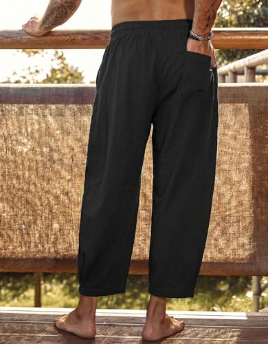 COOFANDY Men's Cotton Linen Harem Pants Drawstring Casual Cropped Trousers Lightweight Loose Beach Yoga Pants with Pockets Black