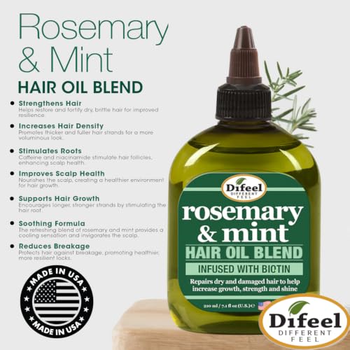 Difeel Rosemary and Mint Hair Oil Blend with Biotin 7.1 Ounce - Strengthening Scalp & Hair Treatment Oil Blend, Nourishes Dry Damaged Hair, Adds Shine & Moisture