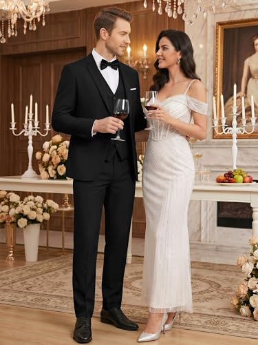 WEEN CHARM Suits for Men,3 Piece Slim Fit Suit Set with 2-Button Blazer,Vest,Pants,Tuxedo for Wedding,Prom,Party,Business Black