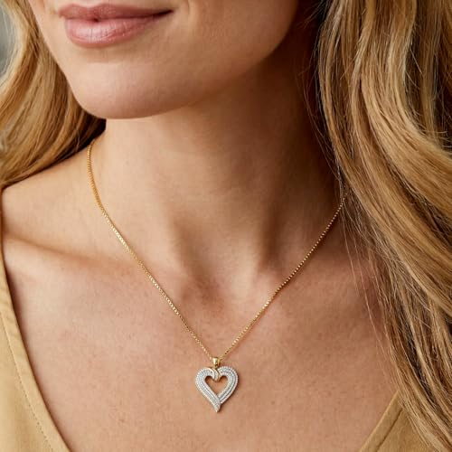 Jewelili 10K Yellow Gold Jewelry | Diamond Heart Pendant Necklace for Women