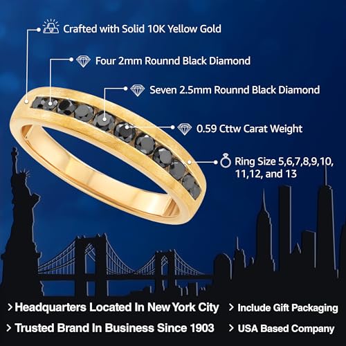 Gem Stone King Black Diamond Satin Finish Wedding Band Ring for Men | 10K Yellow Gold | 0.59 Cttw | Round 2.5MM and 2MM | Size 7