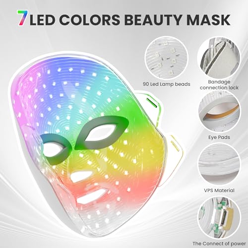 gelpal 7-1 Colors Red Light Therapy For Face，LED Facial Skin Care Mask,Red Light Mask for Face, LED Facial Mask Light,Salon or Home,White.