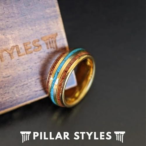 Turquoise Ring 14K Gold Wedding Bands Koa Wood Tungsten Rings for Men with Turquoise Inlays 8mm Unique Yellow Gold Rings Wooden Anniversary Gifts for Him