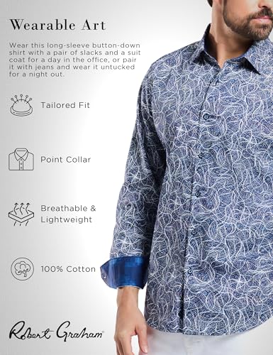Robert Graham Mens Stelvio Long Sleeve Button Down Woven Shirt, Large, Navy