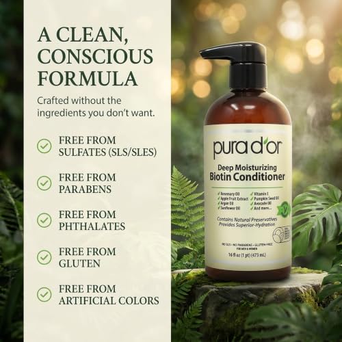 PURA D'OR Deep Moisturizing Biotin Hair Regrwoth Conditioner Thickens, Softens, & Moisturizes Dry, Frizzy, Damaged Hair w/Argan Oil, Pumpkin, Rosemary, Honeysuckle, Vitamin E, Men & Women, 16oz