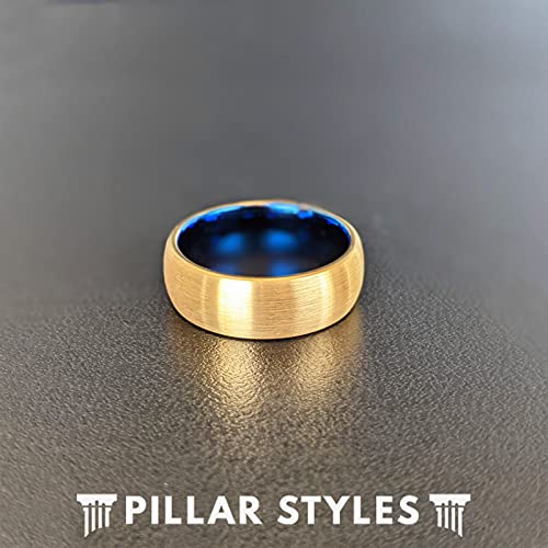 14K Yellow Gold Tungsten Rings for Men Gold Wedding Band with Blue Interior Unique Gifts for Him 8mm Promise Ring