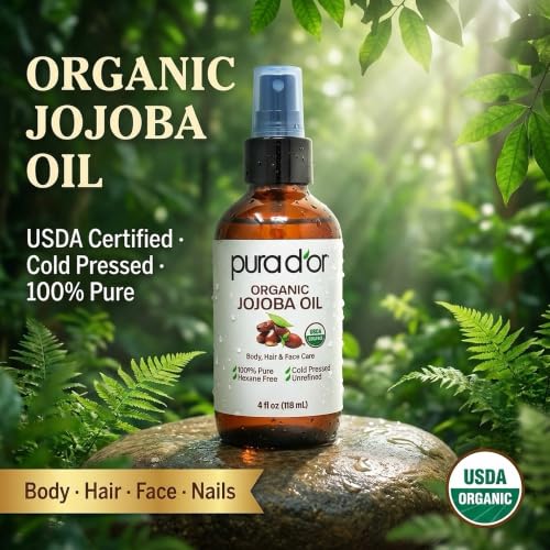 PURA D'OR Organic Jojoba Oil - USDA Certified - 100% Pure & Natural Moisturizer - Cold Pressed, Unrefined, Hexane Free, Skin Care, Hair, Body, Face & Nails, DYI Carrier Oil 4 Oz - Ayurvedic Hair Care