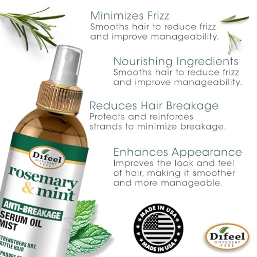 Difeel Rosemary and Mint Anti-Breakage Serum Oil Mist 8 oz. - Hair Strengthening Serum Mist, Reduces Split Ends, Reduces Breakage and Frizz