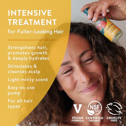 Badger Organic Castor Hair Oil for Thicker Fuller Looking Hair, 100% Organic Castor Oil for Hair Growth & Restoration, Red Clover & Peppermint, Deep Hydrating Hair Oil, 2 fl oz Glass Bottle