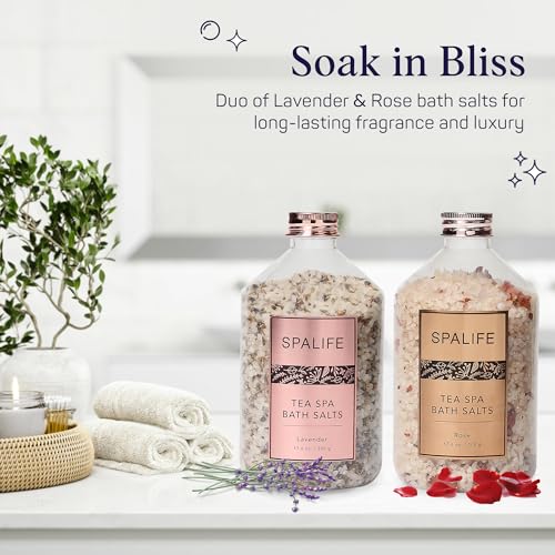 SpaLife Effervescent Rose & Lavender Bath Salts for Women Relaxing | All Natural Aromatherapy Dead Sea Salt Bath Soak Duo | Real Flower Petals for Relaxing Mineral Baths | 2-Pack (35.2 oz)