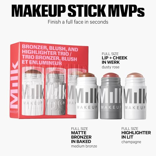 Milk Makeup Bronzer, Blush + Highlighter Full Size Trio – Bronzer in Baked .19oz, Cream Blush + Lip Color in Werk (Dusty Rose) .21oz + Highlighter Stick in Lit (Champagne) .21oz – Hydrating Formulas