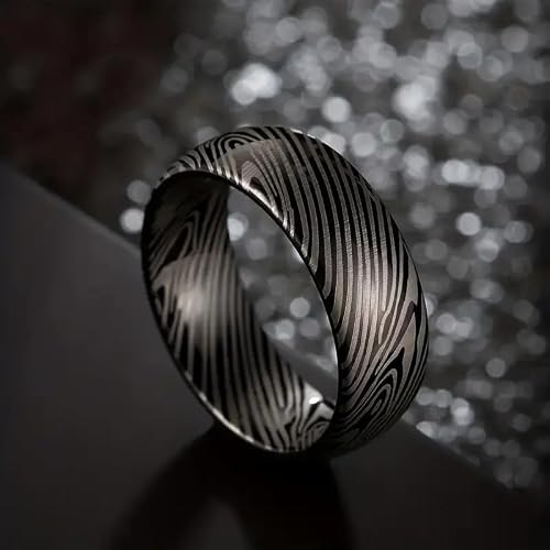 Damascus Steel Ring for Men Women - 8mm Wide Hand-Forged Pattern, Black & Metallic Swirl Textured Band, Hypoallergenic Wedding Ring, Size 7-13 (Damascus texture, 11)