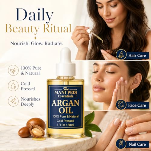 The Mani Pedi Essentials TMPE Argan Oil, Cold Pressed Hair and Skin Oil for Dry Hair, Face and Body Moisturizer, 1 Fl Oz