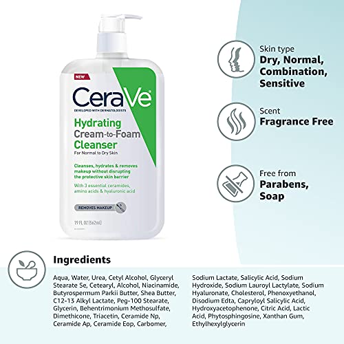 CeraVe Hydrating Cream To Foam Cleanser, Face Wash for Dry Skin, 19oz