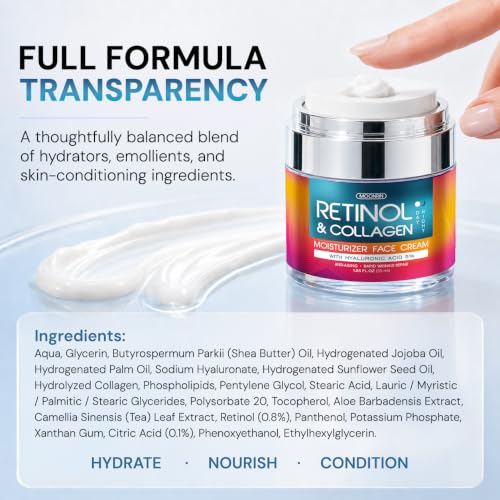 Retinol Cream for Face with Hyaluronic Acid, Day-Night Anti-Aging Moisturizer for Women, Men, Collagen Cream for Face Reduces Wrinkles, Dryness, 1.85 Oz